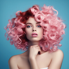 Beautiful beauty or fashion portrait of a woman with makeup with pink curly hair on a beautiful blue background 