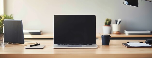 Fototapeta premium Modern Workstation with Laptop and Office Supplies