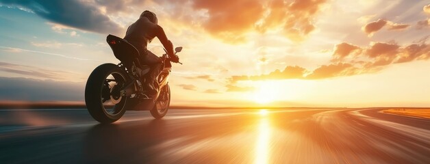 Motorcyclist Speeding on Open Road at Sunset - obrazy, fototapety, plakaty