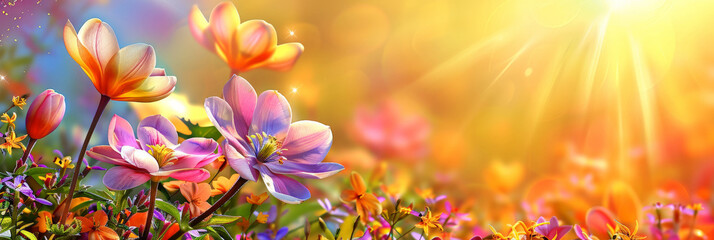 Obraz premium beautiful spring flowers background wallpaper, crocus flowers against a sunshine background, banner, empty space for text