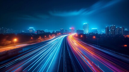 Long exposure light on highways to the city. High speed motion blur.