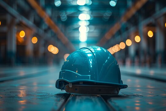 A blue hard hat is laying on the ground in a dimly lit room