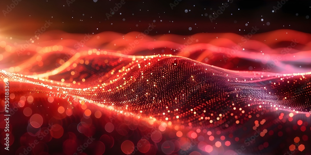 Poster red wave data visualization concept with glowing dots. concept data visualization, red wave, glowing