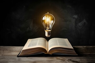 A light bulb is floating above an open book