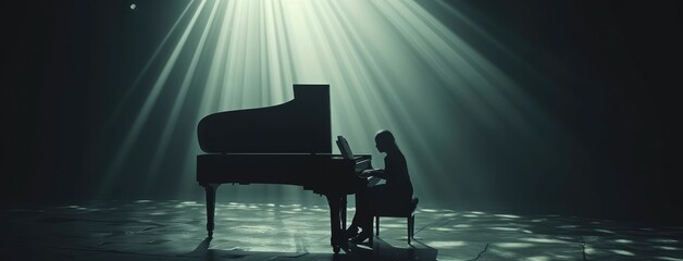 Pianist Playing Grand Piano Under Stage Spotlight - obrazy, fototapety, plakaty