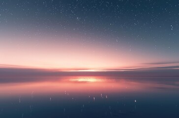 Serene Ocean Sunset under Starry Night Sky