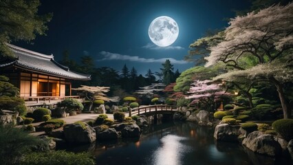 Enchanting atmosphere when you are looking at the full moon in the night sky, surrounded by the...