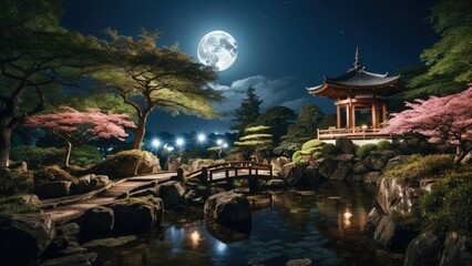 Enchanting atmosphere when you are looking at the full moon in the night sky, surrounded by the beauty of the Japanese garden