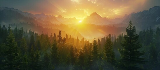 Golden sunrise breaking through mist over a lush, green mountainous forest. Backlit mountain transforming into a splendid golden spectacle, foreground featuring a dark pine forest