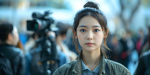 Journalist reporting live from a news scene with banner and web design. Concept News Reporting, Live Coverage, Banner Design, Web Design, Journalism