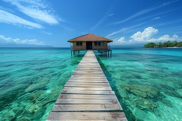 A wooden bridge leads to a small house on a beach - obrazy, fototapety, plakaty