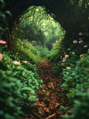 A path through a forest with flowers and trees