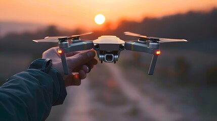 Hand Launching Drone at Sunset Technology and Innovation in Aerial - obrazy, fototapety, plakaty