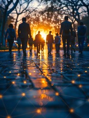 A group of people walking down a street at sunset