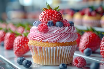 A cupcake with strawberries and blueberries on top