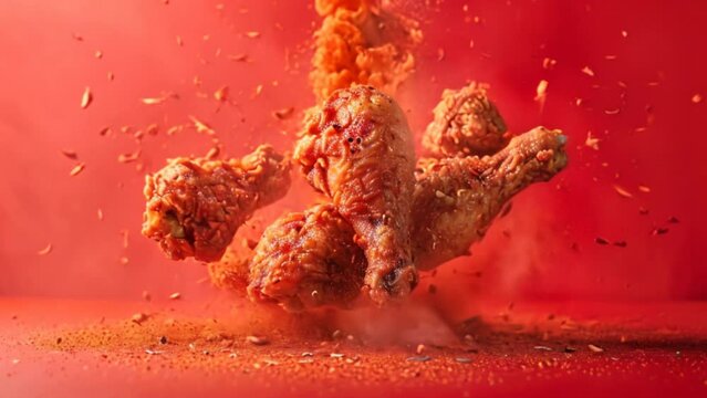Crispy fried chicken surrounded by spices floating in the air against a red background. Illustration concept	