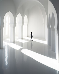 Businessman in front of wide white screen. man against the background of white walls and buildings. silhouette of a man. concept of minimalism, loneliness, sun, shadows