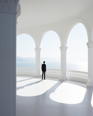 Fototapeta na wymiar Businessman in front of wide white screen. man against the background of white walls and buildings. silhouette of a man. concept of minimalism, loneliness, sun, shadows