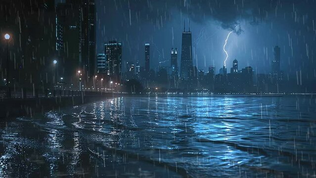 night with cityscape and thunder. lightning strike on water at night lake. seamless looping overlay 4k virtual video animation background