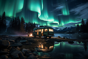 Campers experiencing the awe inspiring Northern Lights in a remote wilderness setting.