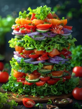 A tall tower of vegetables including lettuce, tomatoes, and cucumbers