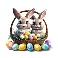 Two Easter bunnies in a basket with colored Easter eggs.Isolated 