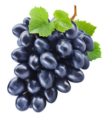 Grapes transparent PNG. Black blue grapes isolated on transparent or white background. Dark blue grape with leaves.