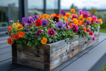 A wooden box filled with a variety of colorful flowers, including purple