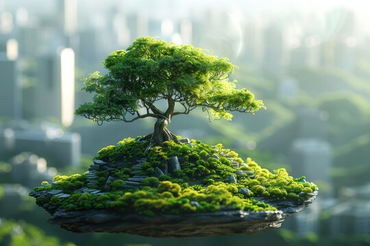 A small tree is growing on a rock in the middle of a city - Powered by Adobe