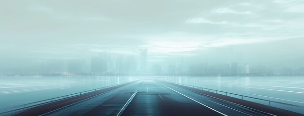 Obraz premium Foggy City Skyline with Empty Highway at Dawn