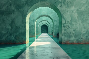 A long, narrow tunnel with a green wall and a blue waterway