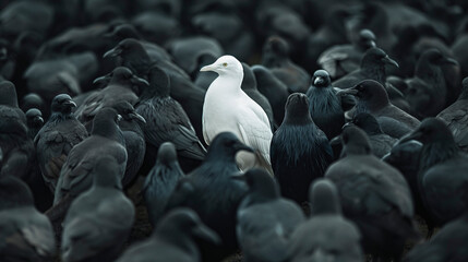 Pájaro blanco entre pájaros negros - obrazy, fototapety, plakaty