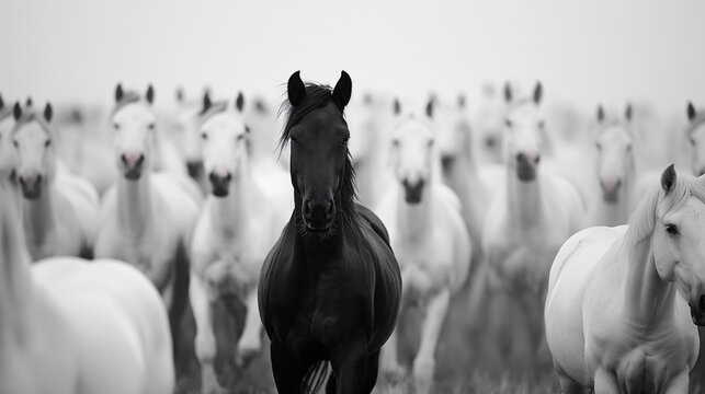 Caballo negro entre caballos blancos