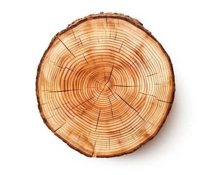 Isolated Tree Stump Slice with Age Rings. Smooth Cross Section Brown Wood with Wood Grain Texture.