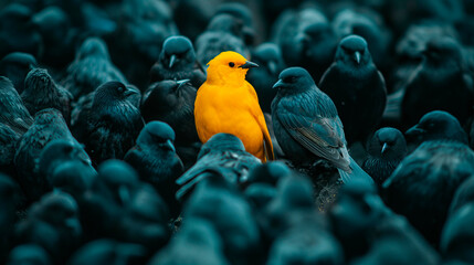 Pájaro amarillo entre pájaros blancos - obrazy, fototapety, plakaty
