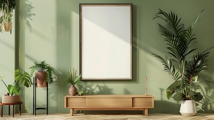 mock-up poster frame in modern interior light green background, 3D rendering