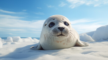 Close-up of crabeater seal on snow lying and looking at the camera