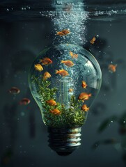 A light bulb is filled with water and fish