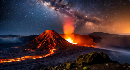 「星夜に浮かぶ火山の光景