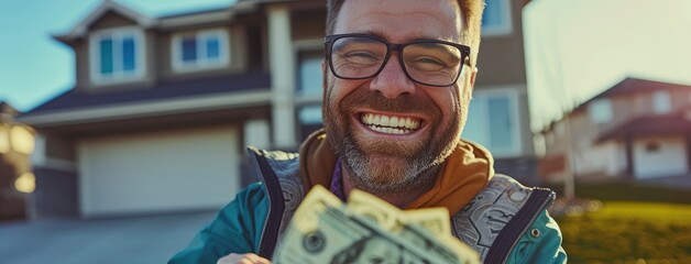 Smiling Man Holding Cash in Front of House - obrazy, fototapety, plakaty