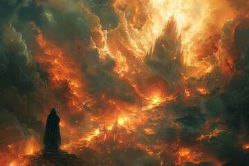 A man stands on a ledge looking out over a fiery landscape