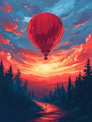 A red hot air balloon is flying over a forest with a sunset in the background