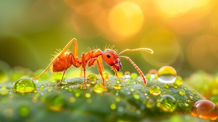 Lone ant mirrors its silhouette on a clear droplet, life magnified