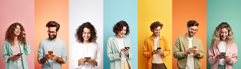 collage concepts of different caucasian happy people in casual style and different age holding cellphone, checking and using messenger. - obrazy, fototapety, plakaty
