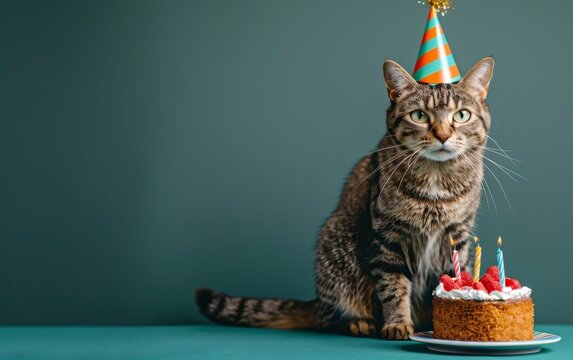 The adorable feline celebrates its special day with a festive hat and a delicious cake, surrounded by a cheerful green backdrop.