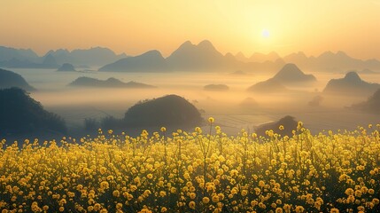 a Landscape photo of  mountains and fog in the distance, sunrise, Rapeseed Flowers, overall view