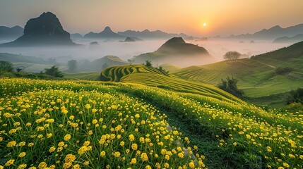 a Landscape photo of  mountains and fog in the distance, sunrise, Rapeseed Flowers, overall view