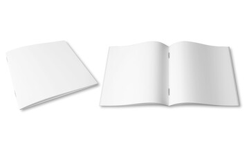 Empty Blank white bi-fold catalog brochure booklet with staples mockup  for the presentation of the design. Template of open and closed brochure isolated on white background. 3d rendering. top view.