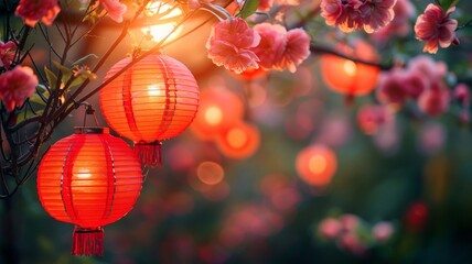 Fototapeta premium Red lanterns adorn floral spring, vivid festive spirit in bloom