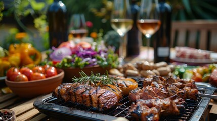 Enjoying a delicious BBQ meal with fresh salads and fine wine, surrounded by the laughter and joy of friends in the backyard. - obrazy, fototapety, plakaty